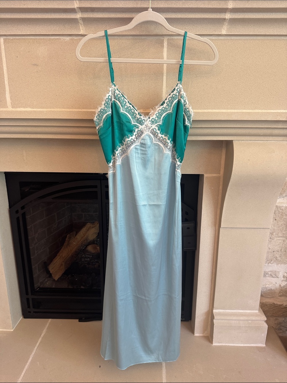 Two-Tone Teal and Light Blue Lace-Trim Slip Dress